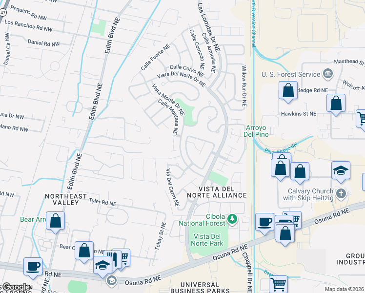 map of restaurants, bars, coffee shops, grocery stores, and more near 1101 Casa Maria Road Northeast in Albuquerque
