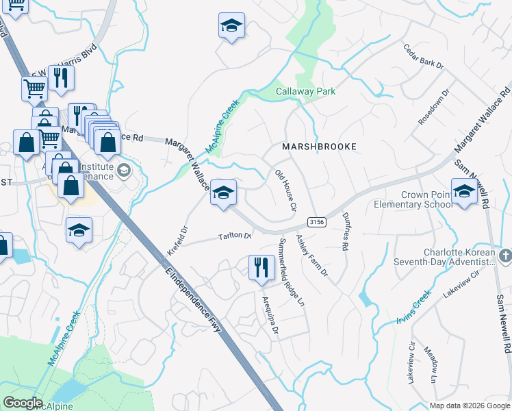 map of restaurants, bars, coffee shops, grocery stores, and more near 3209 Old House Circle in Matthews