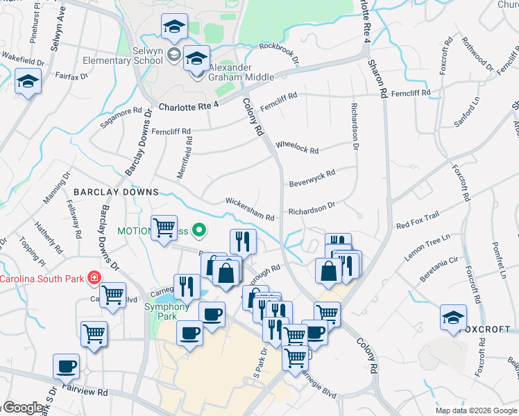 map of restaurants, bars, coffee shops, grocery stores, and more near 2822 Wickersham Rd in Charlotte
