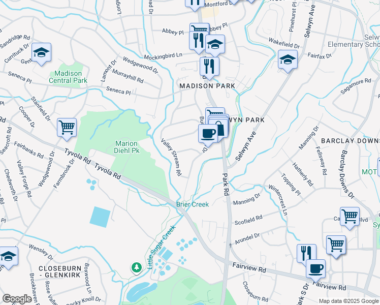 map of restaurants, bars, coffee shops, grocery stores, and more near 5146 Buckingham Drive in Charlotte