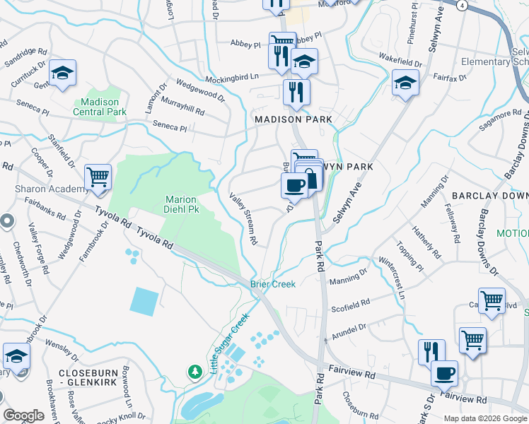 map of restaurants, bars, coffee shops, grocery stores, and more near 5146 Buckingham Drive in Charlotte