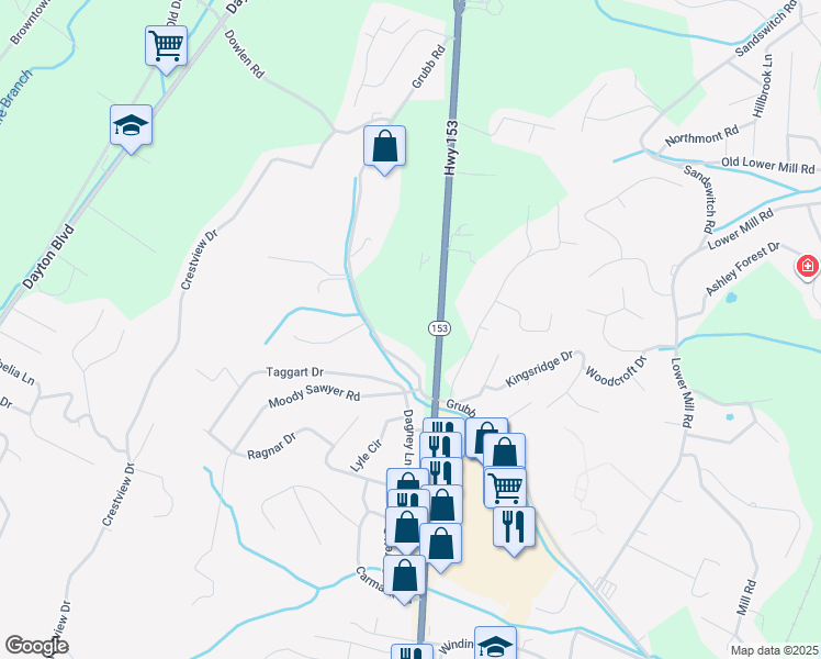 map of restaurants, bars, coffee shops, grocery stores, and more near 6306 Grubb Road in Chattanooga