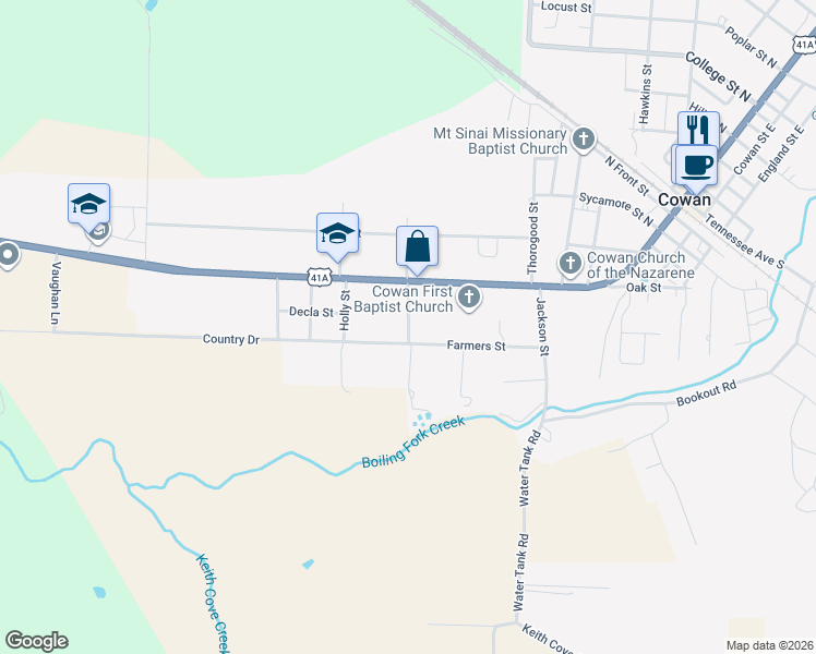 map of restaurants, bars, coffee shops, grocery stores, and more near 105 Country Drive in Cowan