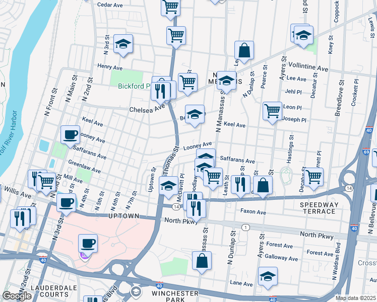 map of restaurants, bars, coffee shops, grocery stores, and more near 701 Woodlawn Street in Memphis