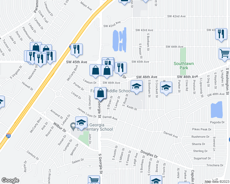 map of restaurants, bars, coffee shops, grocery stores, and more near 4611 South Bryan Street in Amarillo