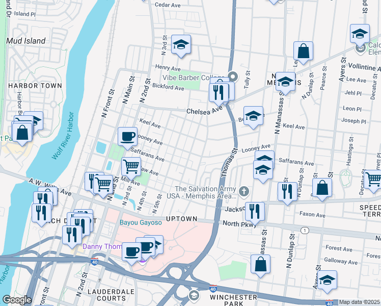map of restaurants, bars, coffee shops, grocery stores, and more near Looney Ave & N 6th St in Memphis
