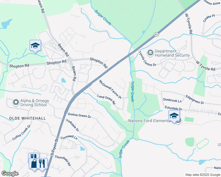 map of restaurants, bars, coffee shops, grocery stores, and more near McDowell Farms Dr in Charlotte