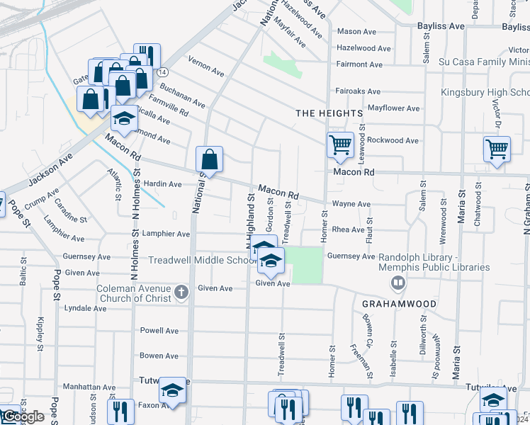 map of restaurants, bars, coffee shops, grocery stores, and more near 1041 Gordon Street in Memphis