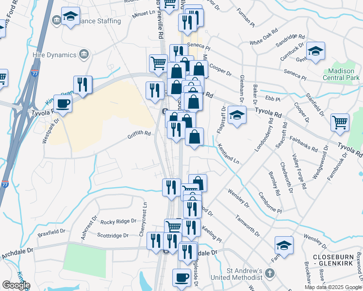 map of restaurants, bars, coffee shops, grocery stores, and more near South Boulevard in Charlotte