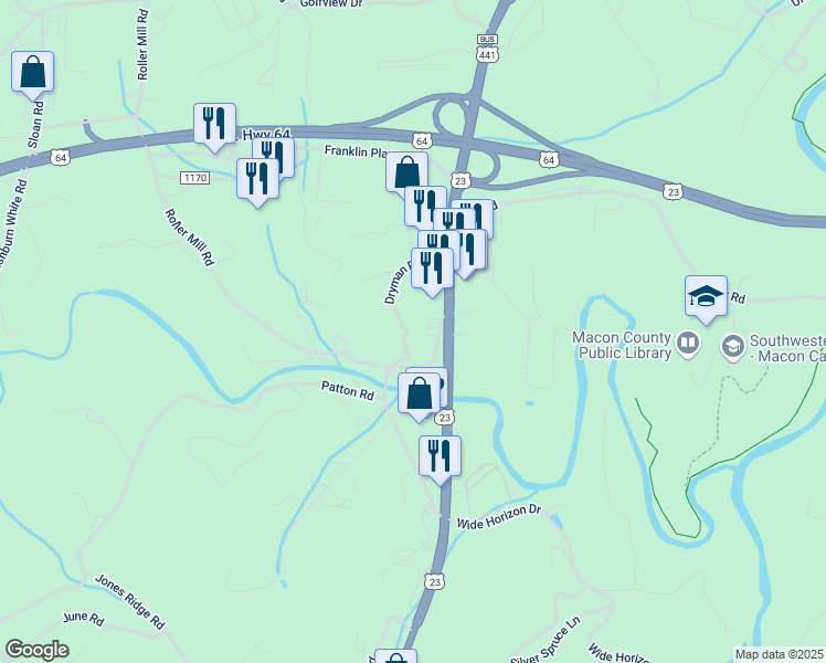 map of restaurants, bars, coffee shops, grocery stores, and more near 284 Dryman Road in Franklin