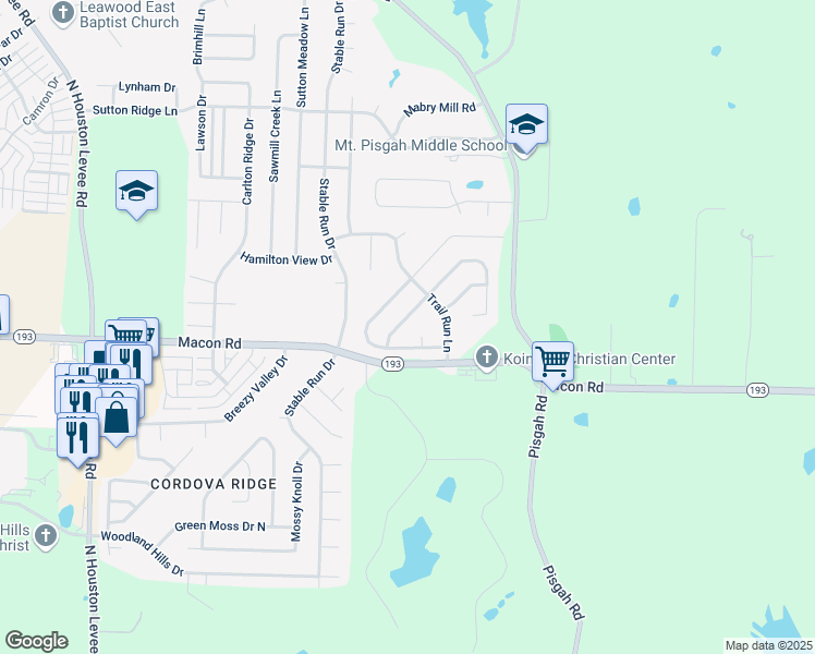 map of restaurants, bars, coffee shops, grocery stores, and more near 10428 Valley Run Lane in Shelby County