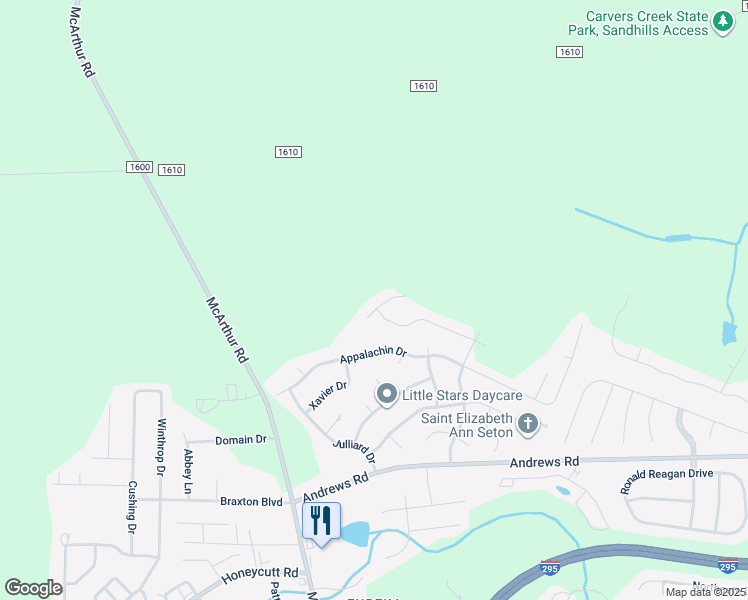 map of restaurants, bars, coffee shops, grocery stores, and more near 888 De Paul Drive in Fayetteville