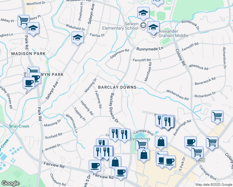 map of restaurants, bars, coffee shops, grocery stores, and more near 3831 Barclay Downs Drive in Charlotte