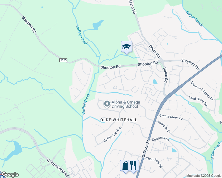 map of restaurants, bars, coffee shops, grocery stores, and more near 7100 Falling Tree Court in Charlotte