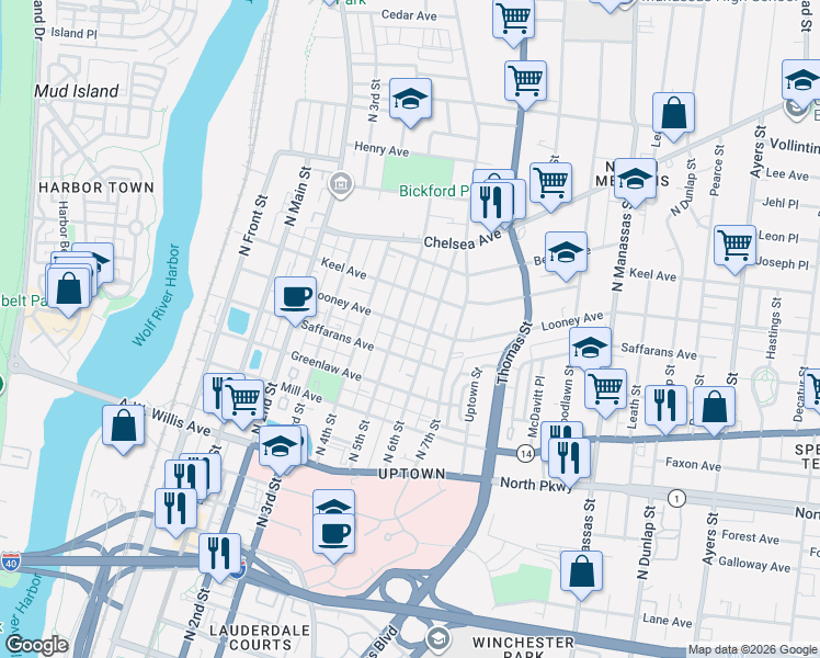 map of restaurants, bars, coffee shops, grocery stores, and more near 621 North 6th Street in Memphis