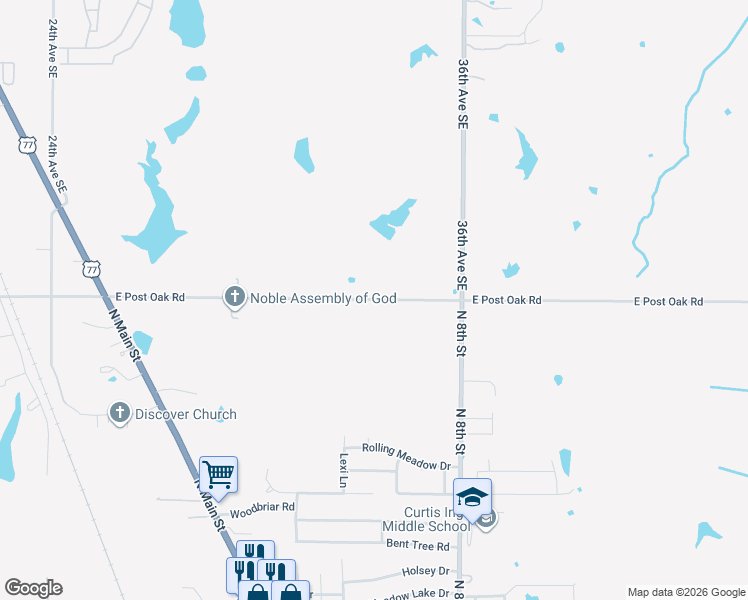 map of restaurants, bars, coffee shops, grocery stores, and more near 3353 East Post Oak Road in Noble