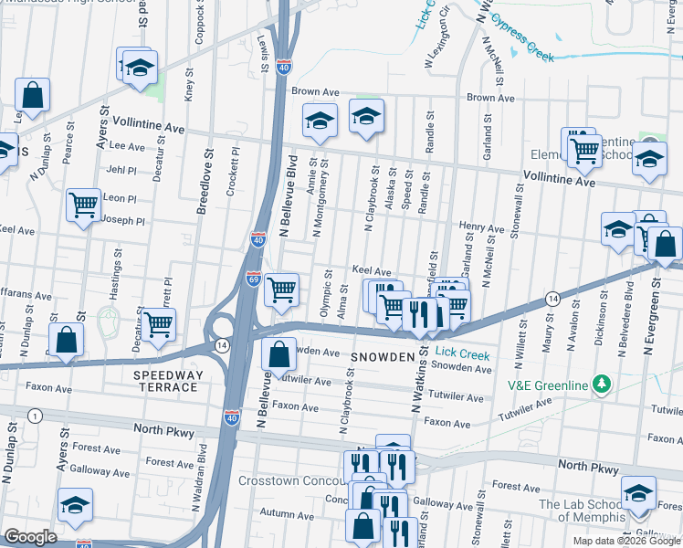 map of restaurants, bars, coffee shops, grocery stores, and more near 791 Alma Street in Memphis
