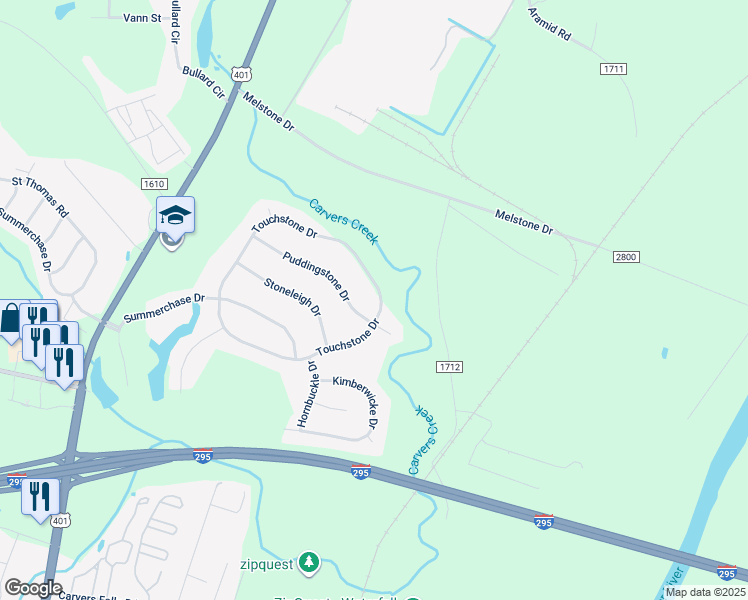 map of restaurants, bars, coffee shops, grocery stores, and more near 6394 Touchstone Drive in Fayetteville