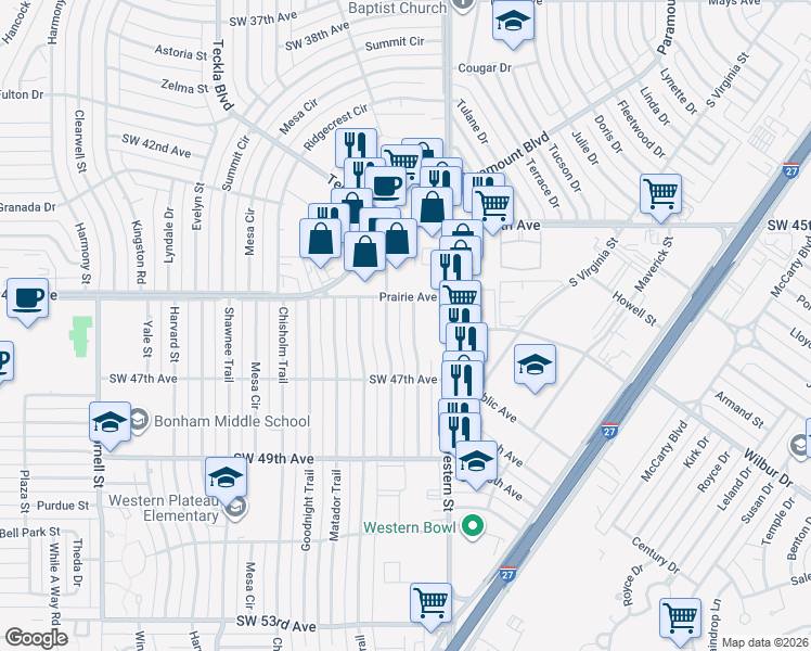 map of restaurants, bars, coffee shops, grocery stores, and more near 4615 Cherokee Trail in Amarillo