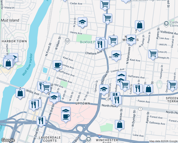map of restaurants, bars, coffee shops, grocery stores, and more near 639 North 7th Street in Memphis