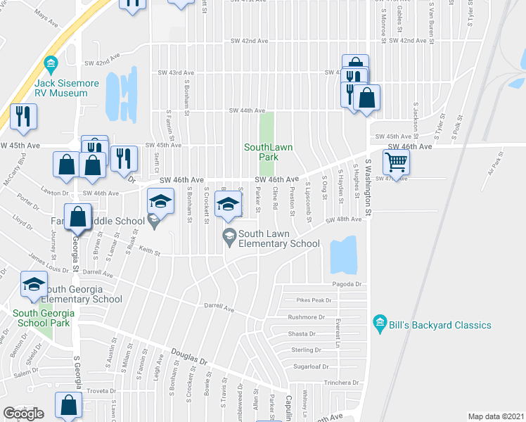 map of restaurants, bars, coffee shops, grocery stores, and more near 4621 Parker Street in Amarillo