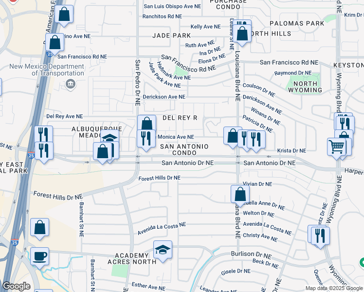 map of restaurants, bars, coffee shops, grocery stores, and more near 6501 San Antonio Drive Northeast in Albuquerque