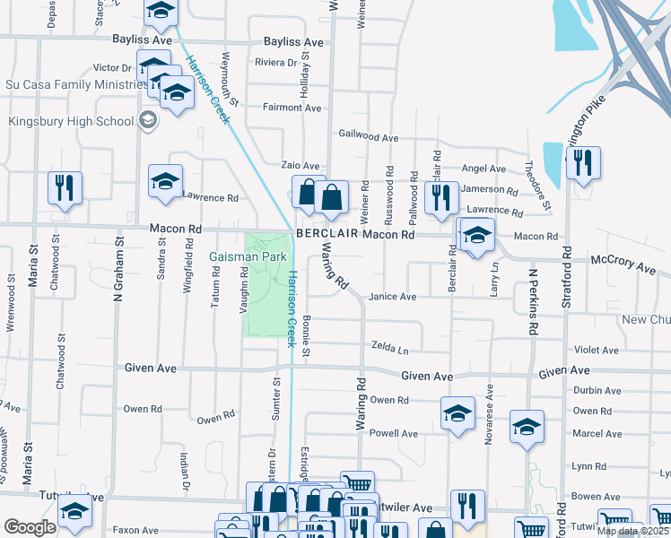 map of restaurants, bars, coffee shops, grocery stores, and more near 4296 Elaine Avenue in Memphis