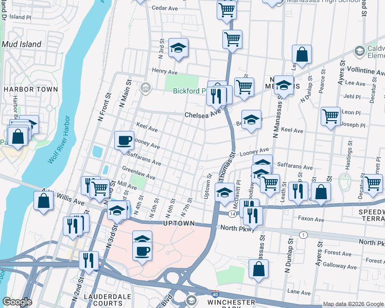 map of restaurants, bars, coffee shops, grocery stores, and more near 639 North 7th Street in Memphis