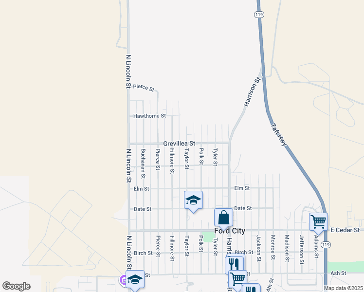 map of restaurants, bars, coffee shops, grocery stores, and more near 619 1/2 Taylor Street in Taft