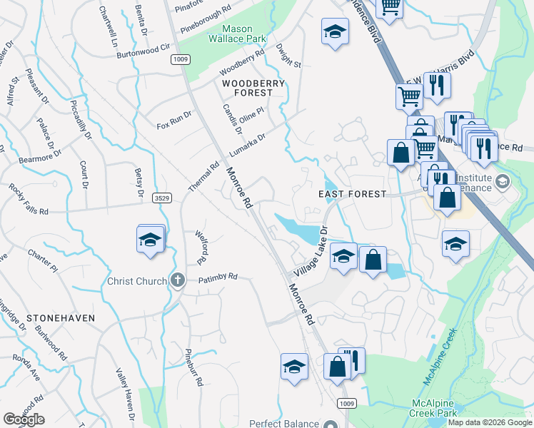 map of restaurants, bars, coffee shops, grocery stores, and more near 8021 Cedar Glen Drive in Charlotte