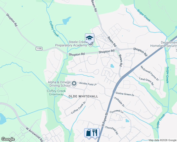 map of restaurants, bars, coffee shops, grocery stores, and more near 2143 Aston Mill Place in Charlotte