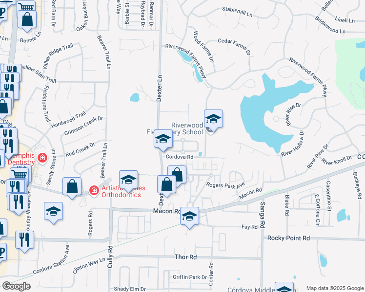 map of restaurants, bars, coffee shops, grocery stores, and more near Woodland Rose Circle in Memphis