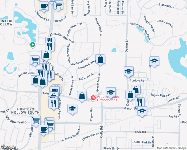 map of restaurants, bars, coffee shops, grocery stores, and more near 8297 Red Creek Drive in Memphis