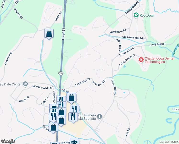 map of restaurants, bars, coffee shops, grocery stores, and more near 421 Kingsridge Drive in Chattanooga