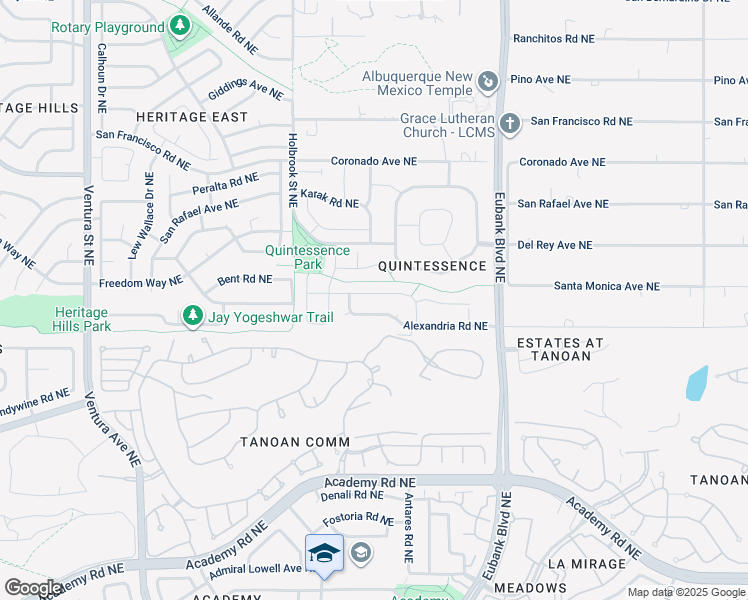 map of restaurants, bars, coffee shops, grocery stores, and more near 10000 Alexandria Road Northeast in Albuquerque