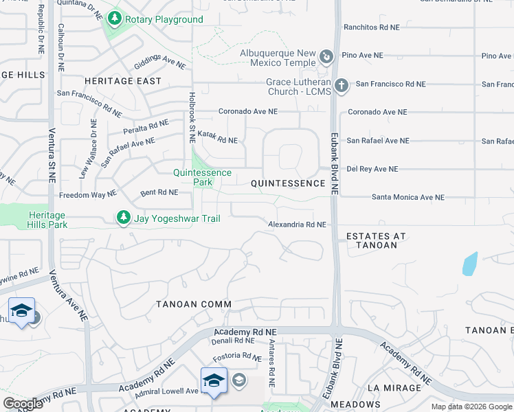map of restaurants, bars, coffee shops, grocery stores, and more near 10016 Irbid Road Northeast in Albuquerque