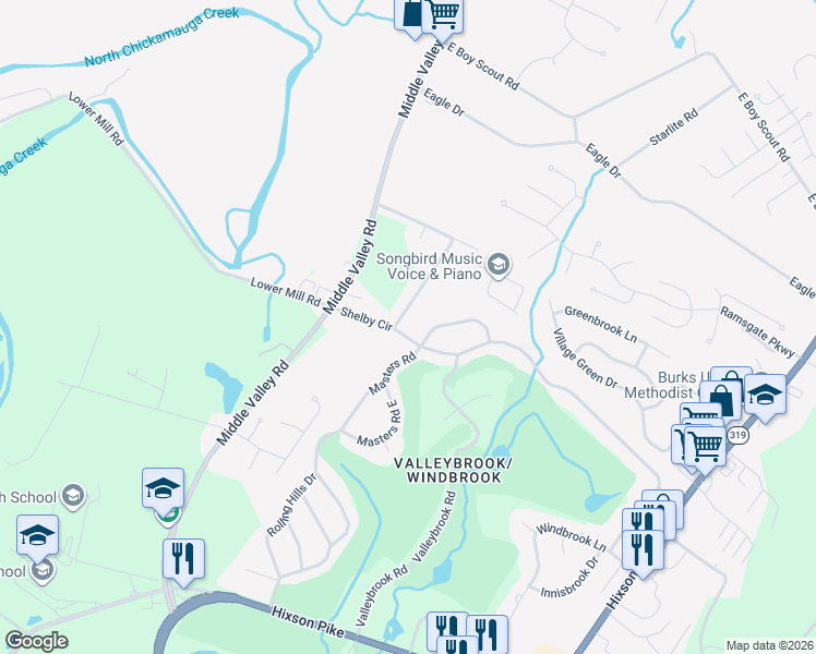 map of restaurants, bars, coffee shops, grocery stores, and more near 301 Masters Road in Chattanooga