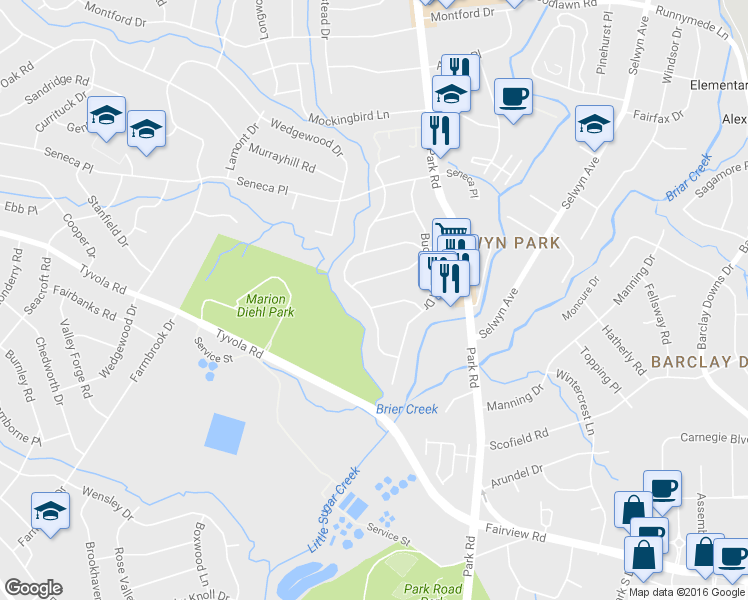 map of restaurants, bars, coffee shops, grocery stores, and more near 5125 Valley Stream Road in Charlotte