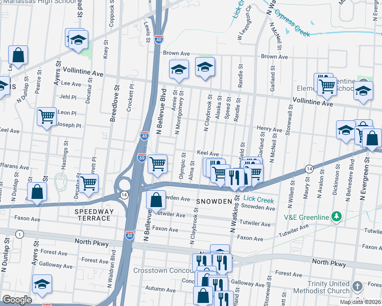 map of restaurants, bars, coffee shops, grocery stores, and more near 767 Olympic Street in Memphis