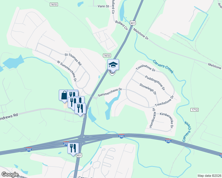 map of restaurants, bars, coffee shops, grocery stores, and more near 6519 Summerchase Drive in Fayetteville