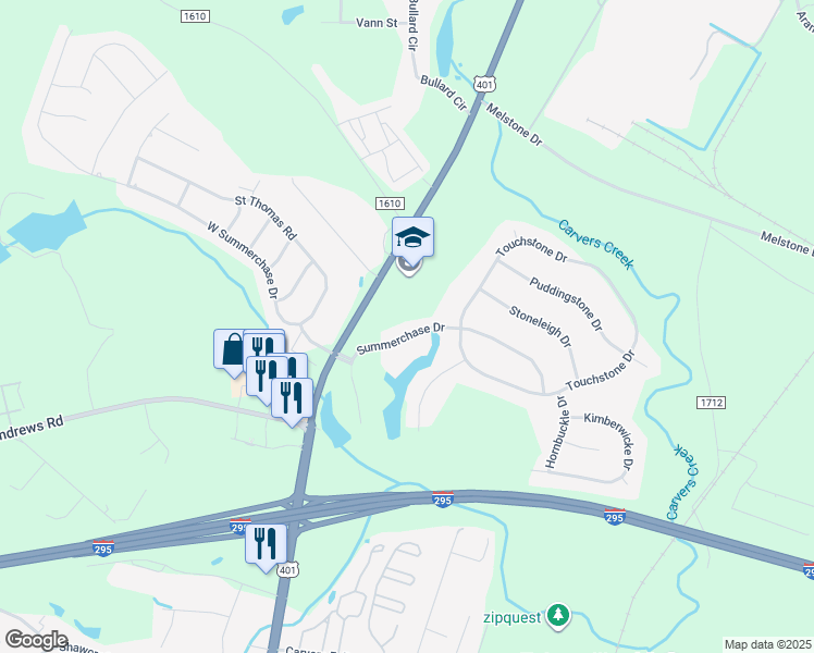 map of restaurants, bars, coffee shops, grocery stores, and more near 6519 Summerchase Drive in Fayetteville
