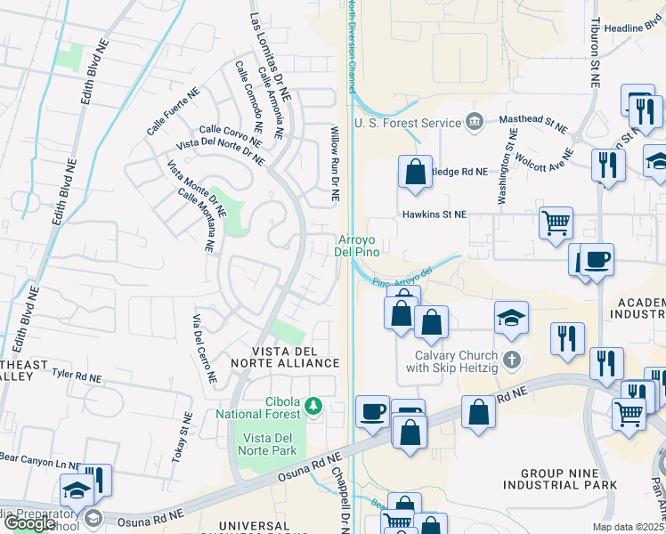 map of restaurants, bars, coffee shops, grocery stores, and more near 7201 Villa Corrales Northeast in Albuquerque