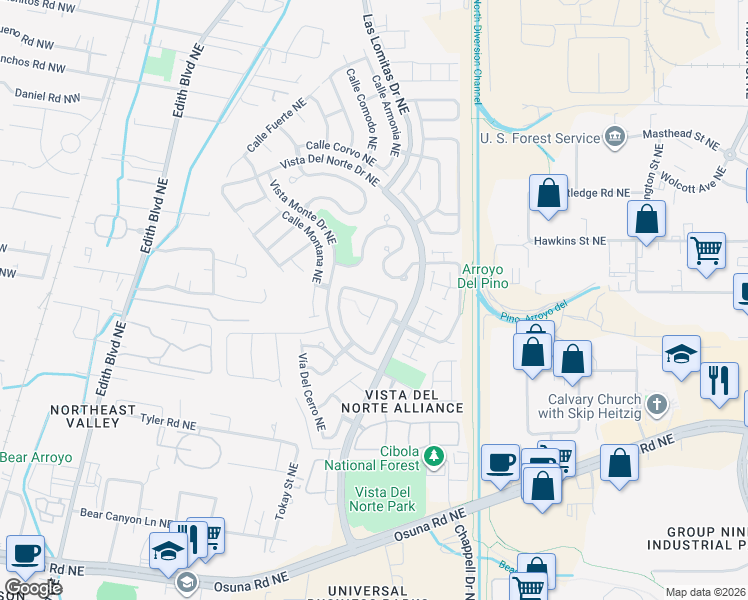 map of restaurants, bars, coffee shops, grocery stores, and more near 7116 Santa Rita Place Northeast in Albuquerque