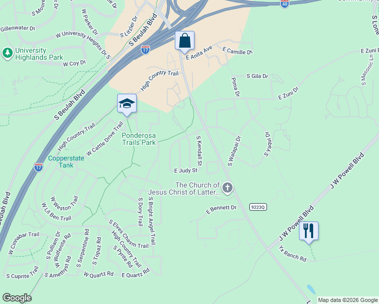 map of restaurants, bars, coffee shops, grocery stores, and more near 4090 South Joseph Street in Flagstaff