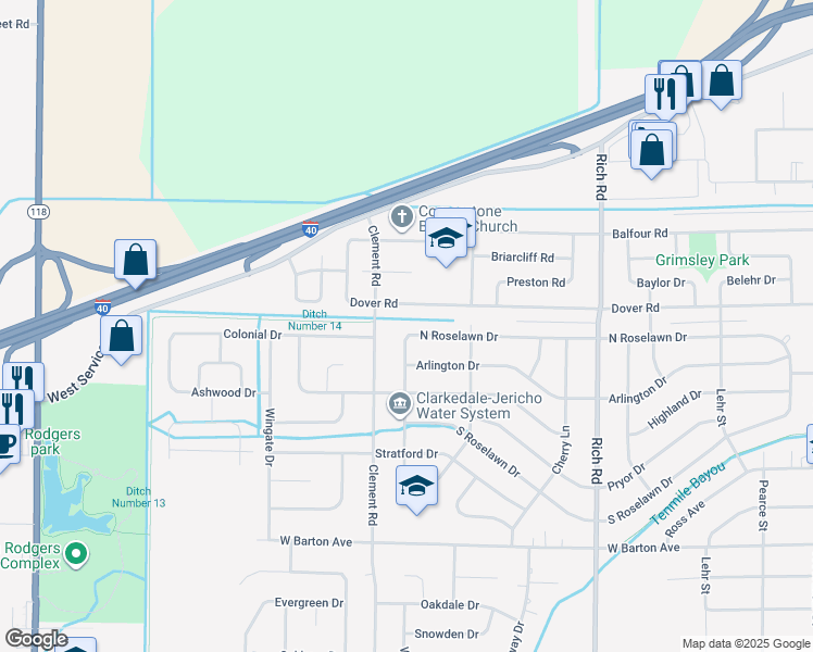 map of restaurants, bars, coffee shops, grocery stores, and more near 1204 West Roselawn Drive in West Memphis