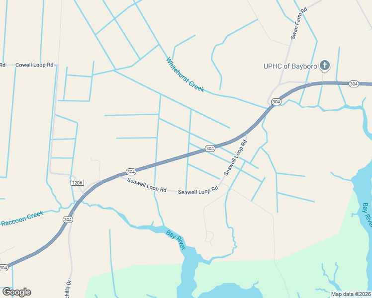 map of restaurants, bars, coffee shops, grocery stores, and more near 2651 North Carolina 304 in Bayboro