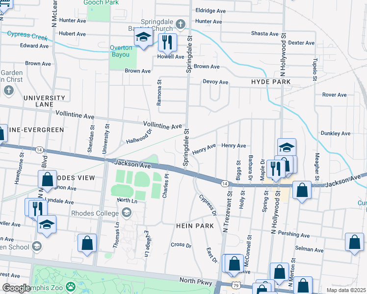 map of restaurants, bars, coffee shops, grocery stores, and more near 891 Springdale Street in Memphis