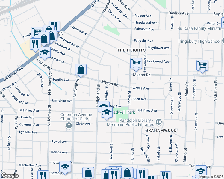 map of restaurants, bars, coffee shops, grocery stores, and more near 1051 Treadwell Street in Memphis