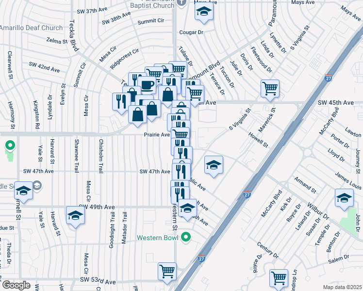 map of restaurants, bars, coffee shops, grocery stores, and more near 4615 South Western Street in Amarillo