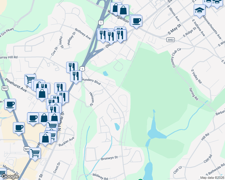 map of restaurants, bars, coffee shops, grocery stores, and more near 106 Austin Ridge Circle in Southern Pines